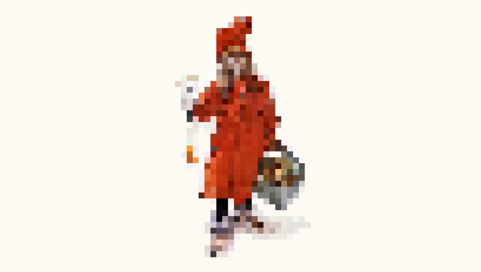 A pixelated version of the famous painting “Brita as Idun”, a young girl in a red dress, by Swedish painter Carl Larsson.