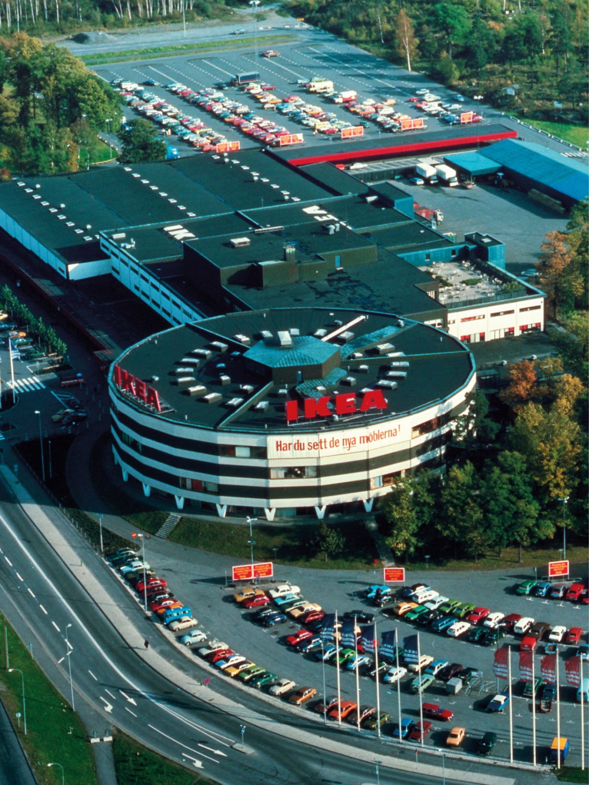 Aerial view of huge store with IKEA sign and sign 