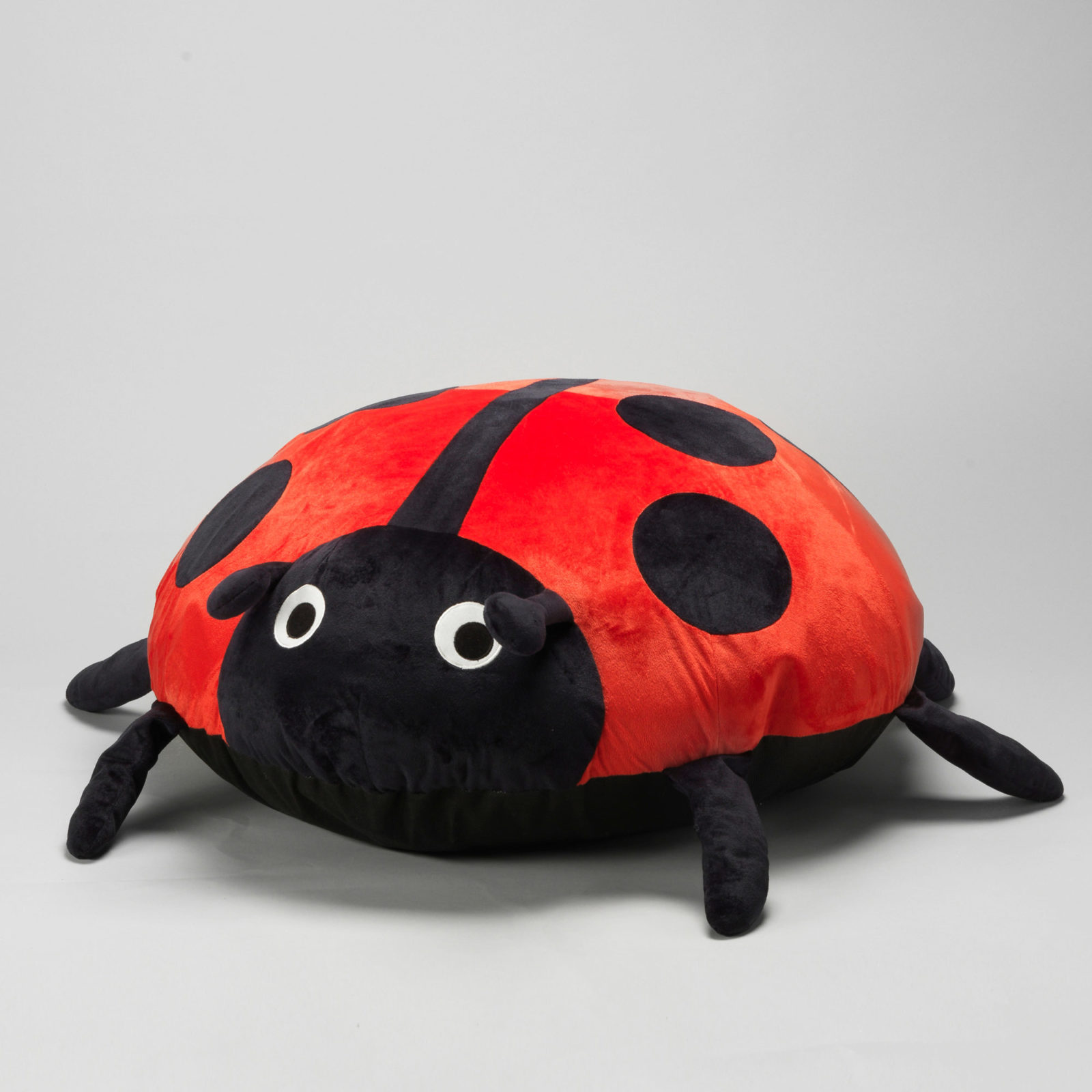 Coussin coccinelle rouge et noir avec de grands yeux ronds.