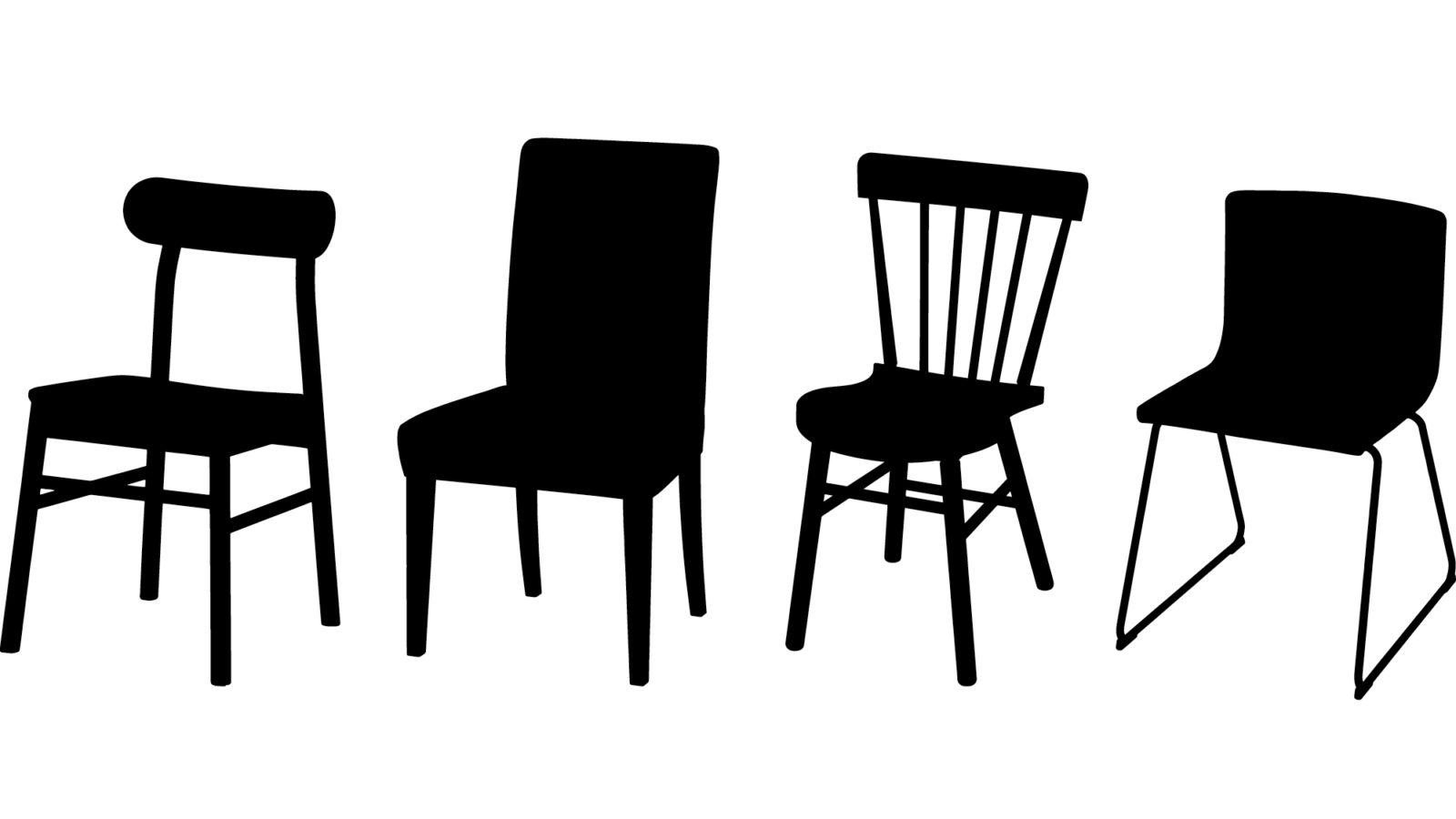 Black silhouettes of four simple chairs in different styles.