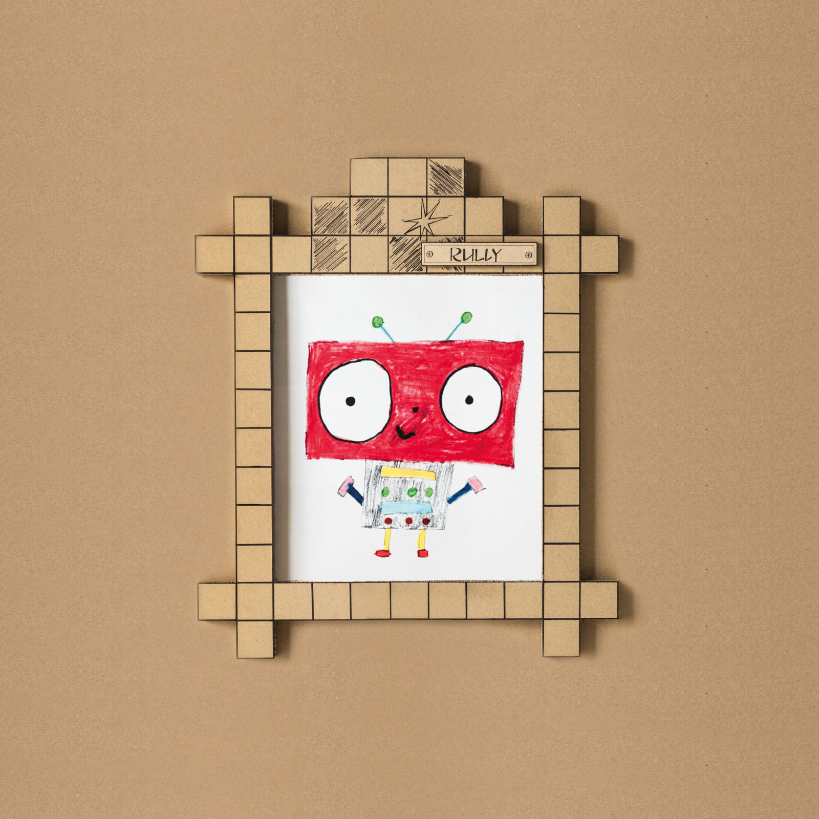 A child’s drawing of a happy robot, put on a wall.