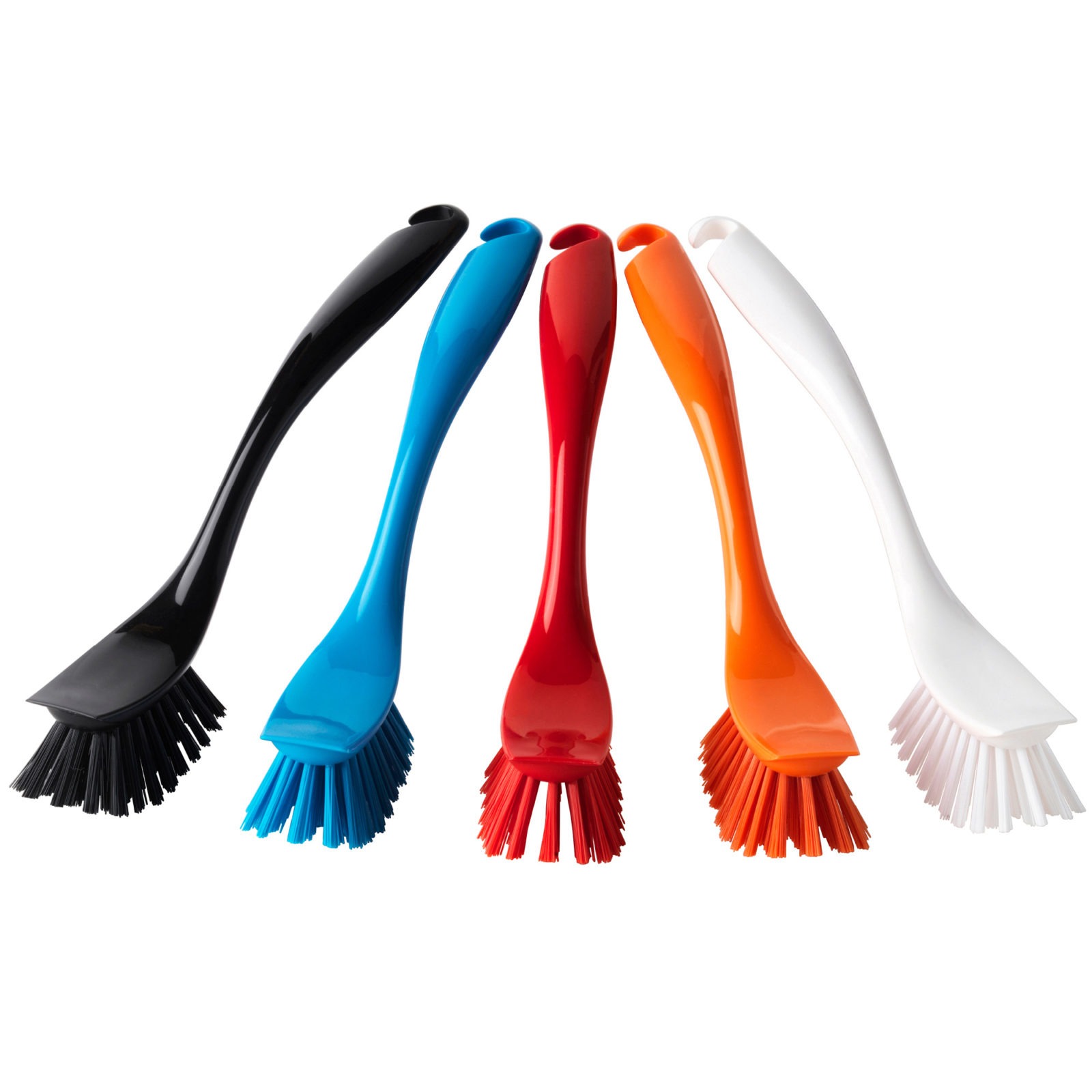 Fünf Spülbürsten in verschiedenen Farben: Schwarz, Blau, Rot, Orange und Weiß.