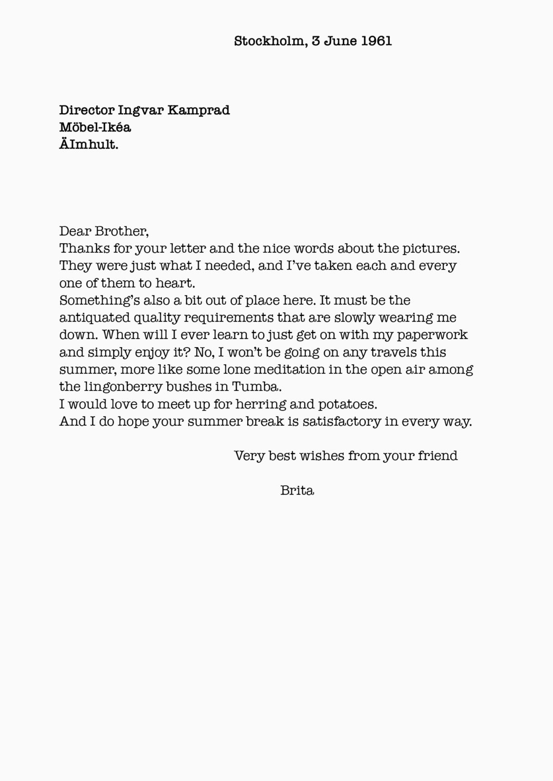 English translation of letter from Brita Lang to Ingvar Kamprad, 3 June 1961.