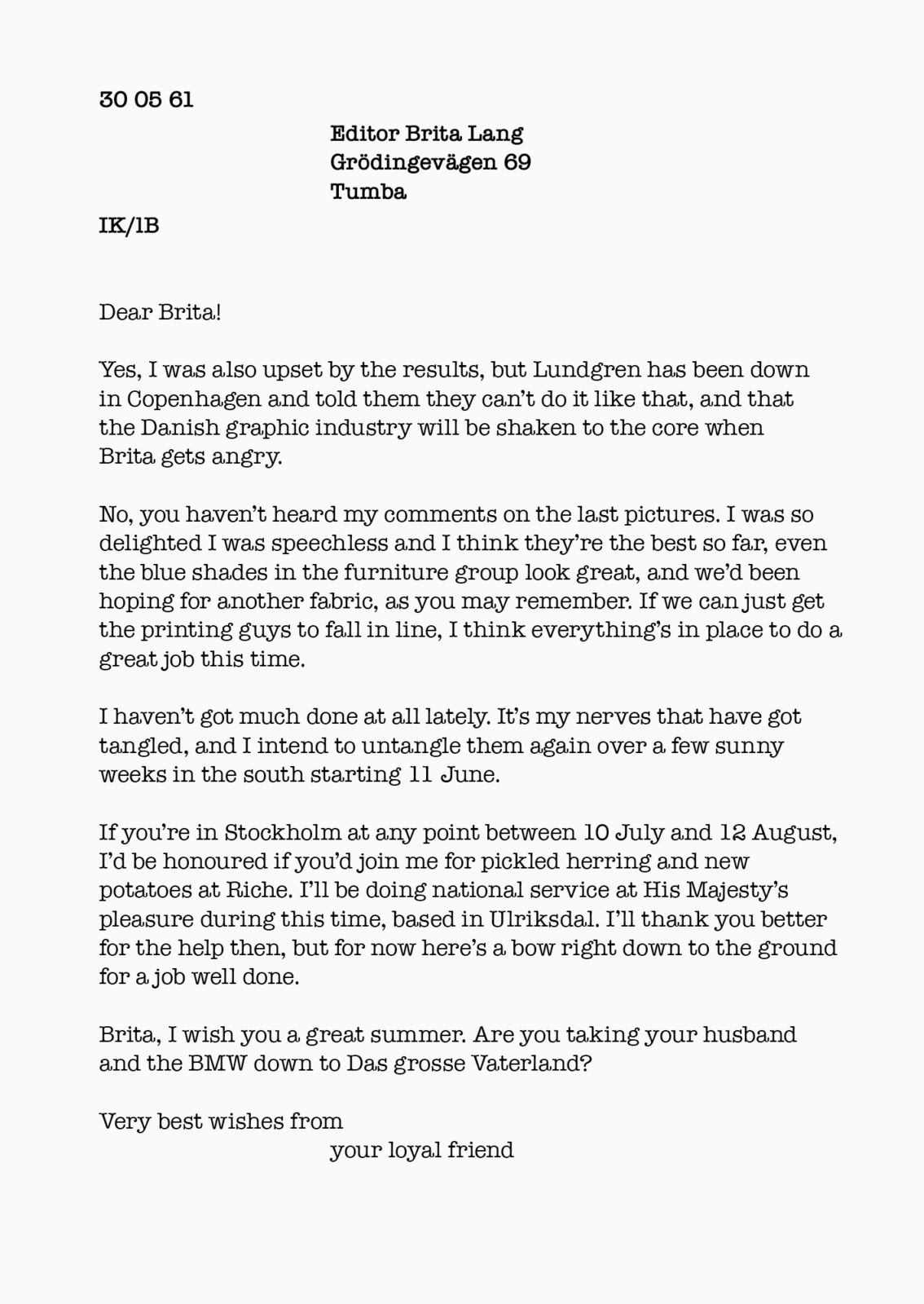 English translation of letter from Ingvar Kamprad to Brita Lang, 30 May 1961.