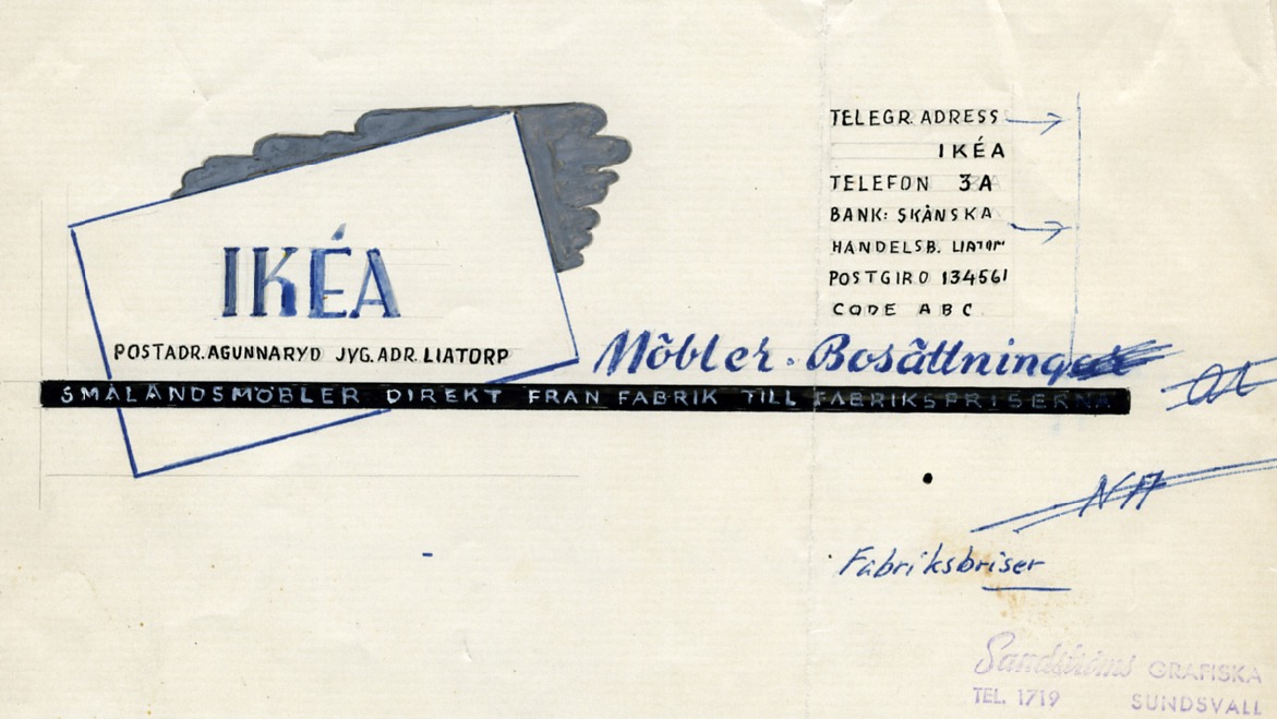 Hand-drawn sketch for an IKEA logo, a dark cloud behind the text IKÉA, above a black border with white text.