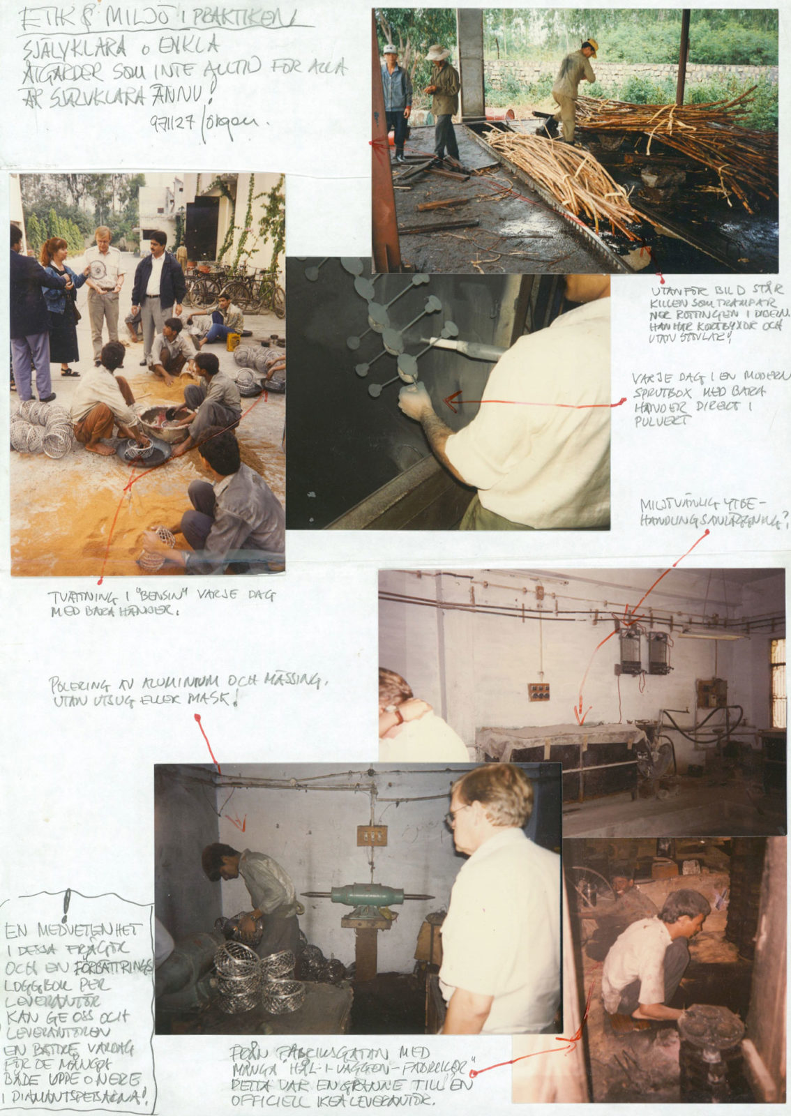 Facsimile: Handwritten travel report from factory visits in India, with photos of workers in dangerous, harmful environments.