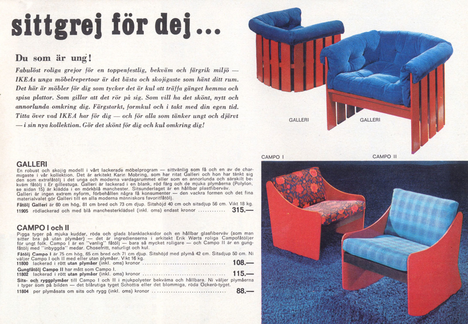 Catalogue page with youthful wooden red armchairs with blue or red upholstery, and text aimed at 1960s young consumers.