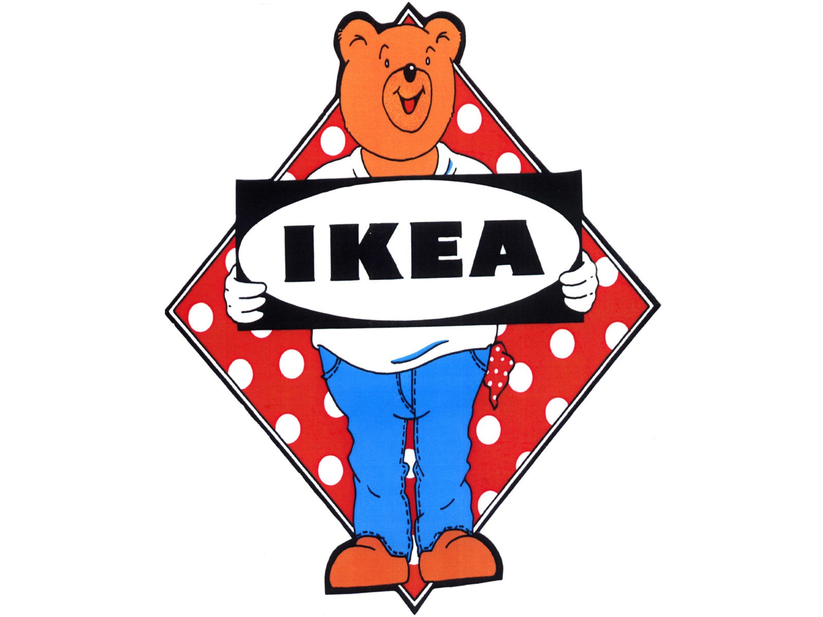 Teckning av en glad nallebjörn som håller upp en skylt med texten IKEA.