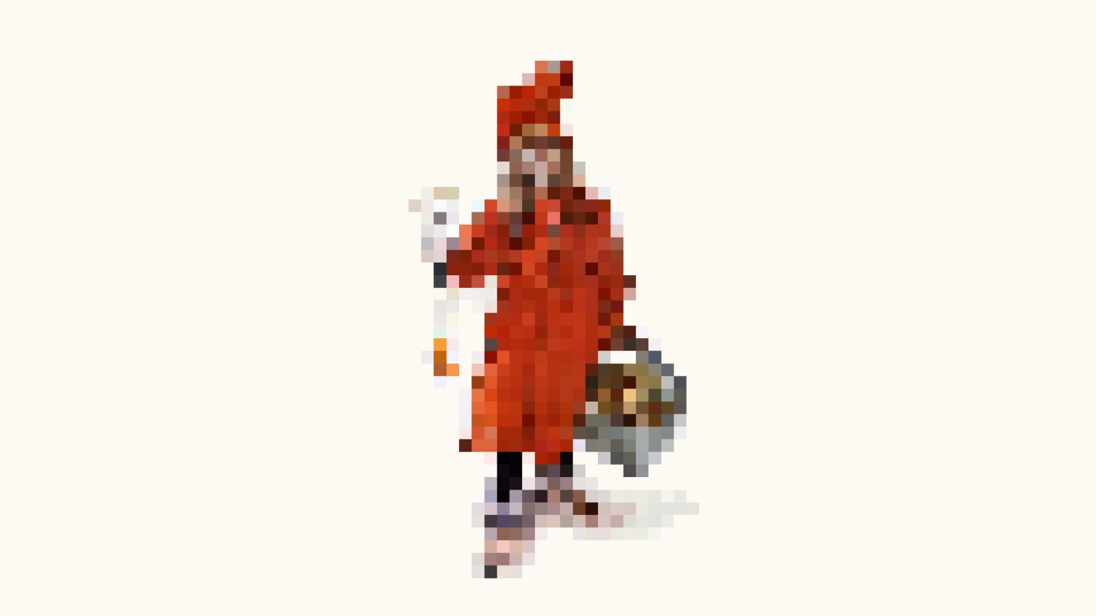 Eine verpixelte Version des berühmten Gemäldes von einem jungen Mädchen in einem roten Kleid, „Brita als Idun“ des schwedischen Malers Carl Larsson.