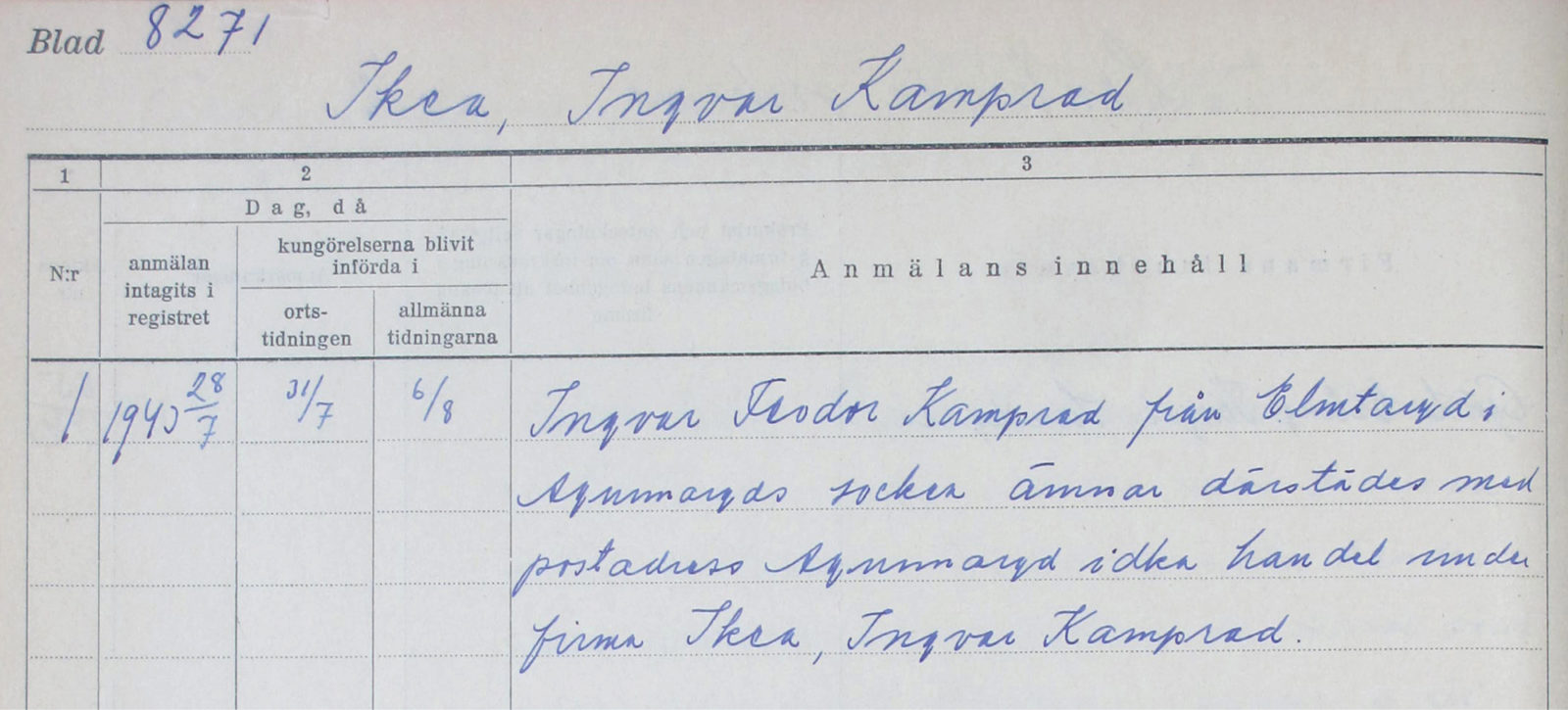 Mit blauer Tinte ausgefülltes Formular, Ingvar Kamprad beantragt die Gründung von Ikéa in Elmtaryd, Agunnaryd, 1943.