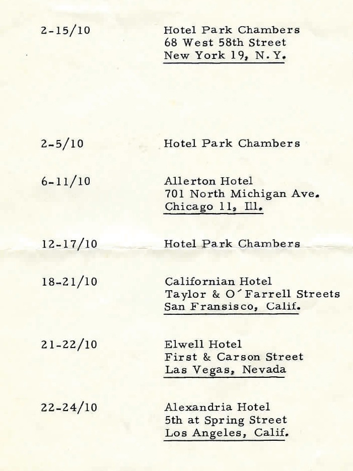 Typewritten list of hotel bookings in different US cities.