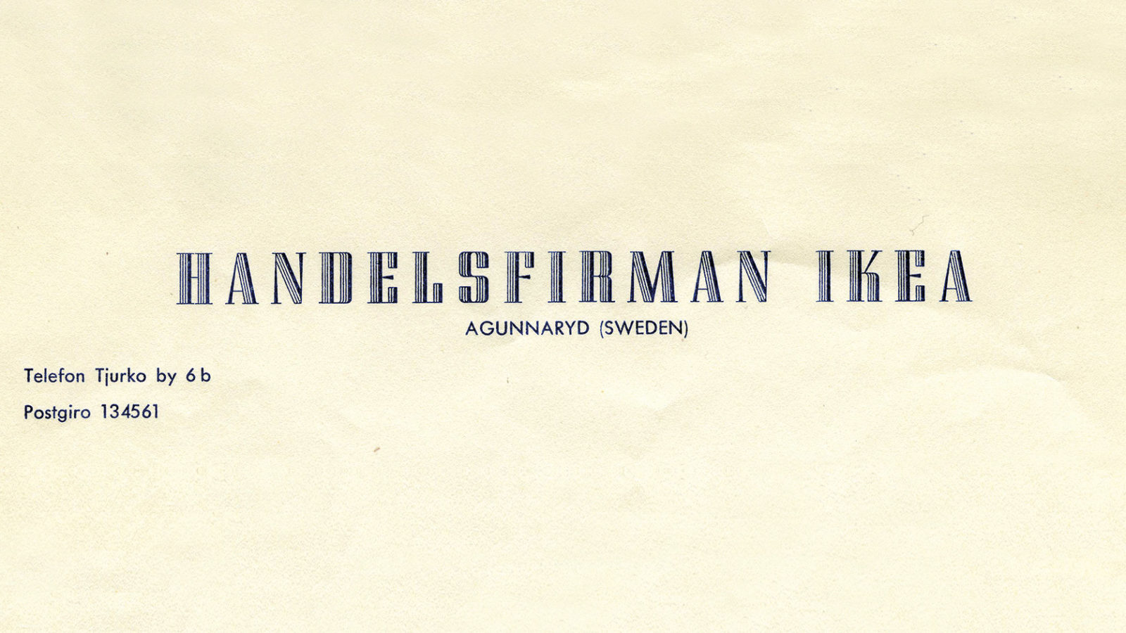 Card with text Handelsfirman (Merchant company) IKEA, Agunnaryd (Sweden), lower case Phone Tjurko by 6 b, postal giro 134561.
