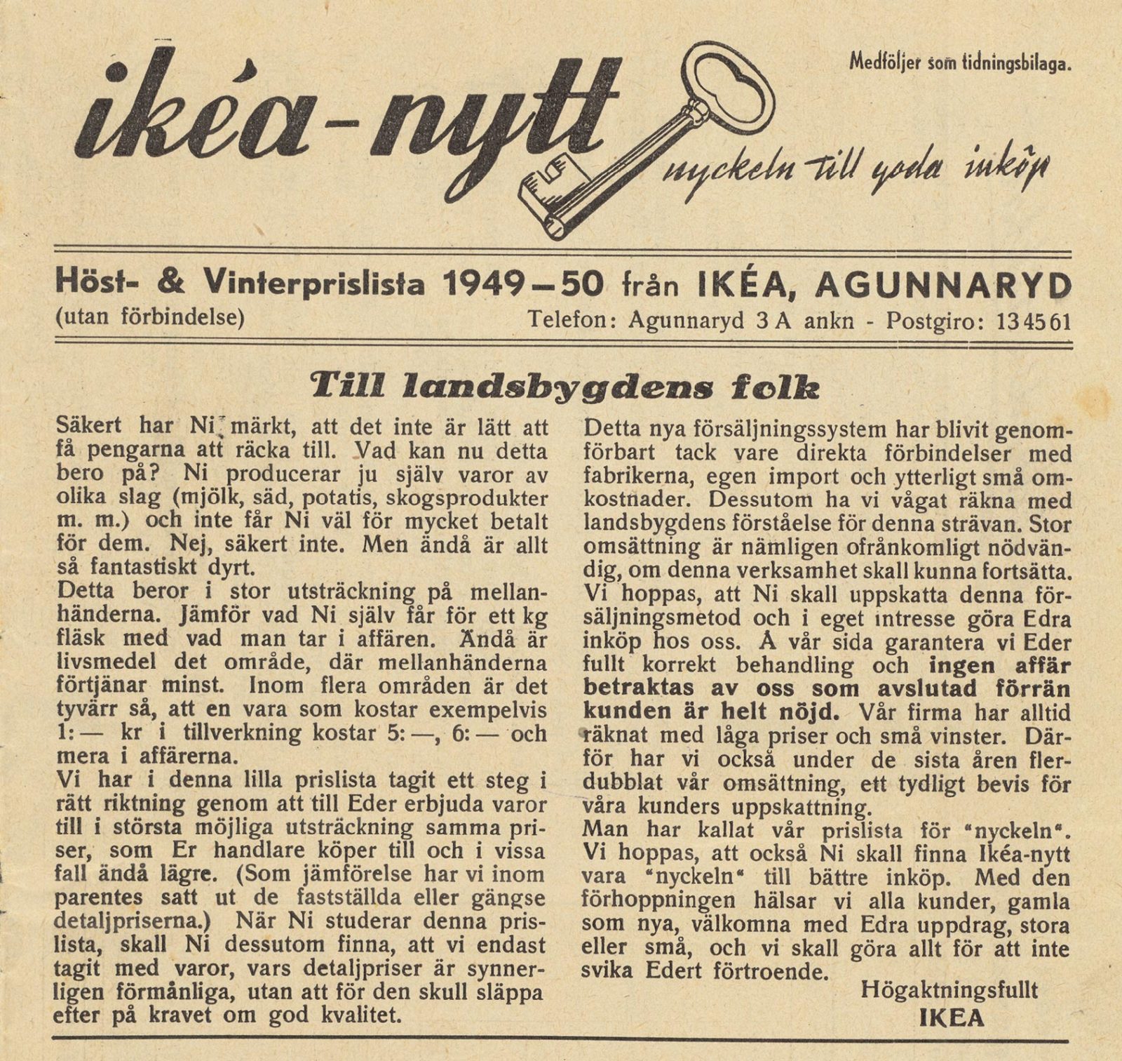Facsimile, annuncio di Ikéa-nytt su un quotidiano, listino prezzi autunno-inverno 1949-1950 per la 'gente di campagna' svedese.