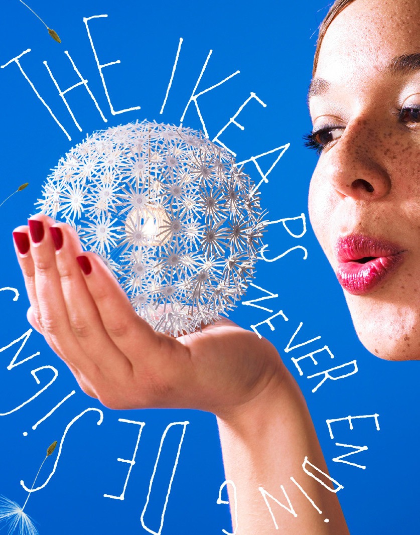 Young woman holding the dandelion shaped lamp MASKROS and blowing on it. Text says The IKEA PS never ending design.