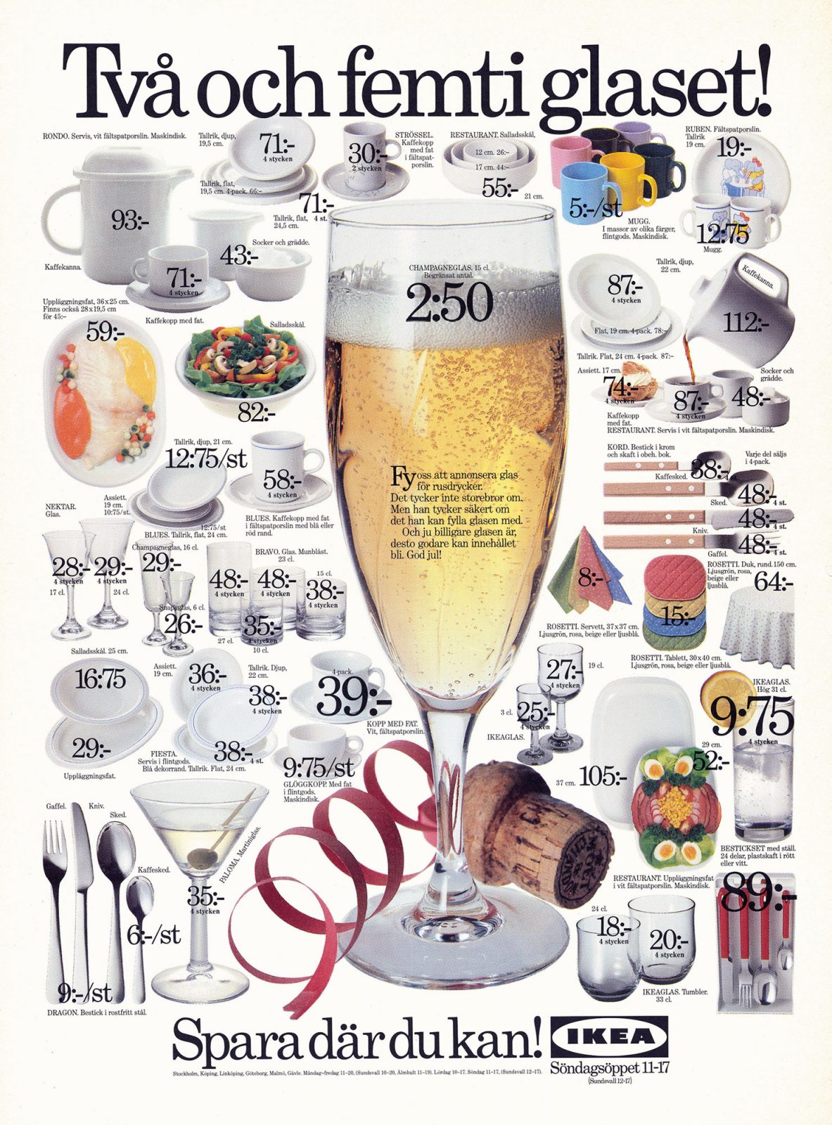 Ad with a myriad of photos depicting glasses and other things needed to throw a party, all price marked.
