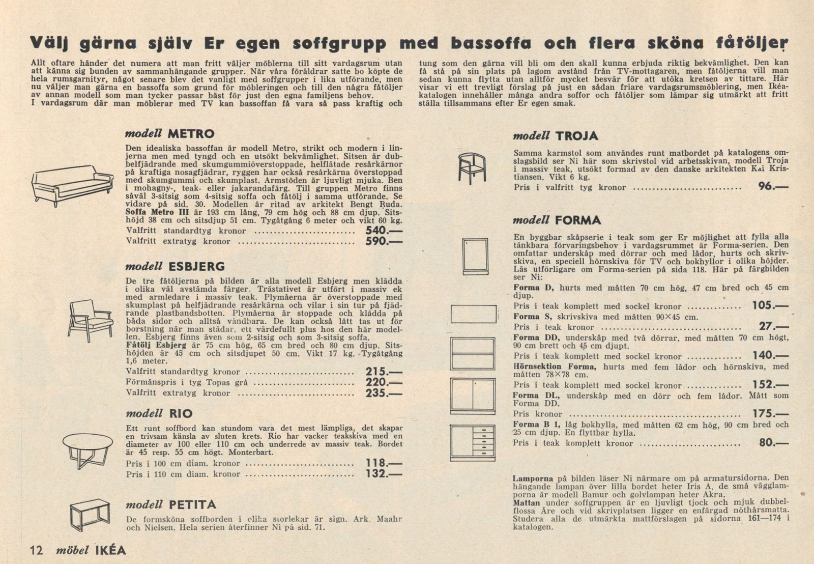 Page in IKEA catalogue 1961 with illustrations and descriptions of furnishings and solutions for life at home.