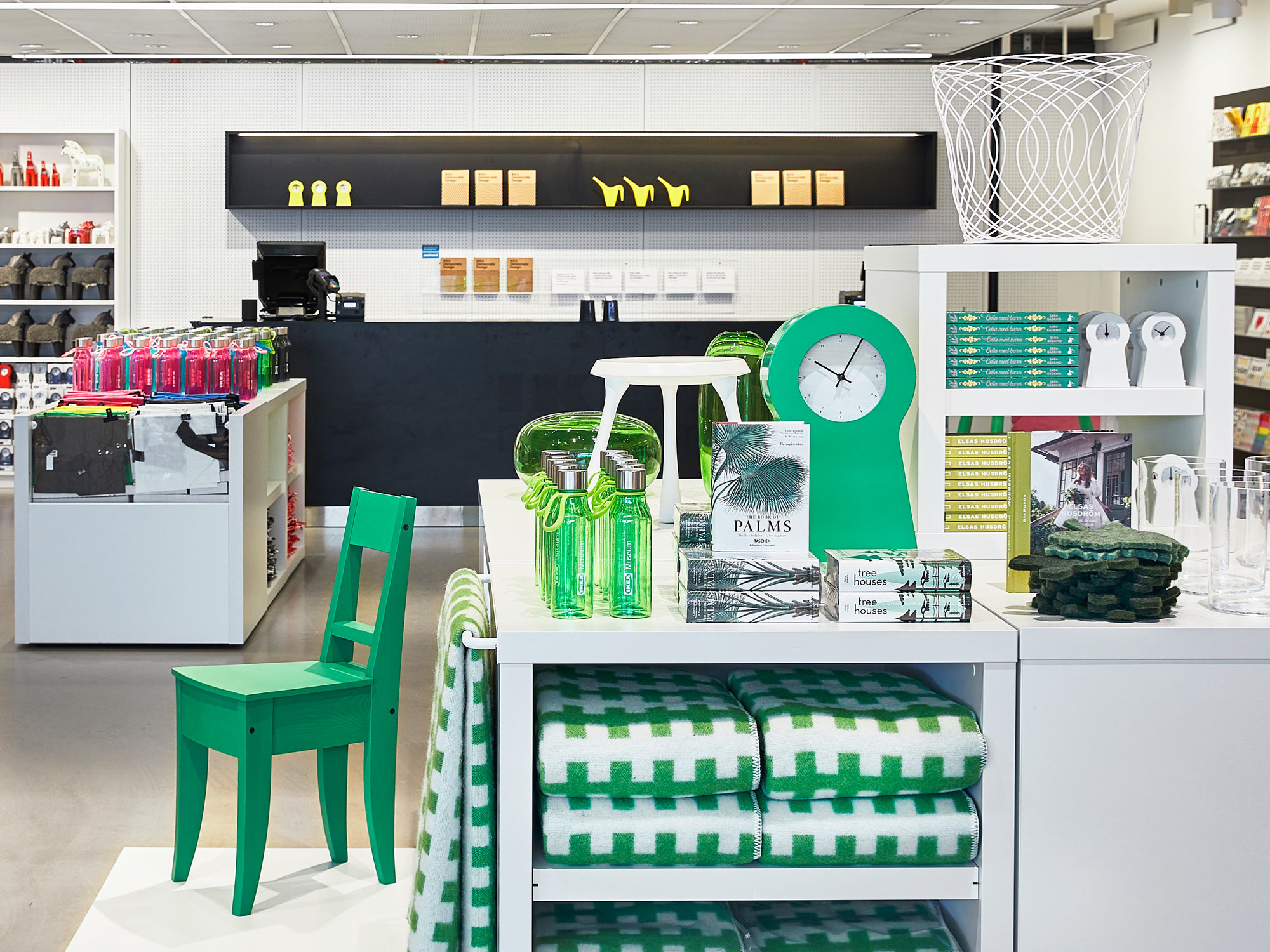 Overview of bright, colourful interior of IKEA Museum shop floor.