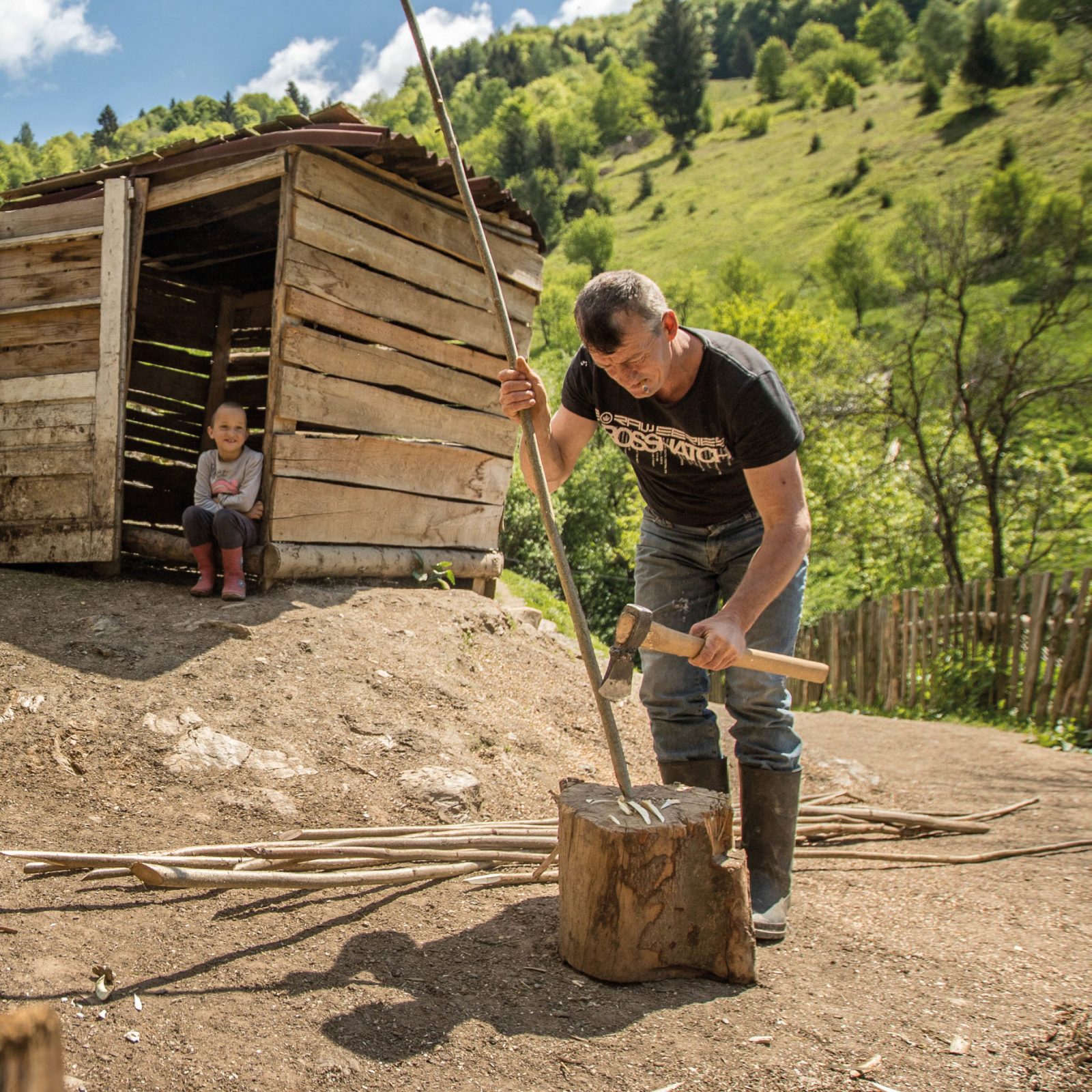 Middle-aged white man stands outside in hilly area, using an axe to make hazel stakes, a young child watches him work.