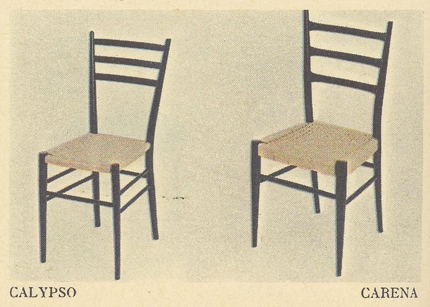 Old picture from the 1962 IKEA catalogue, two chairs in black wood, CARENA and CALYPSO, with braided seat and back.