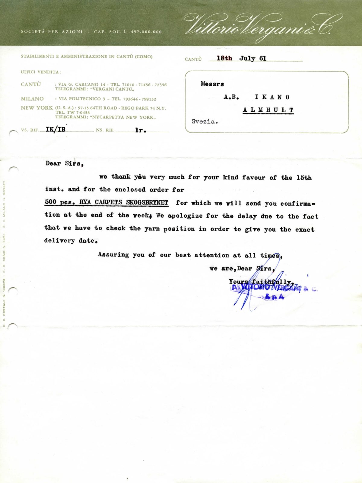 Facsimile of typewritten letter from Vittorio Vergani & Co, Italy to Ingvar Kamprad, IKEA, Sweden, dated 18 July 1961.