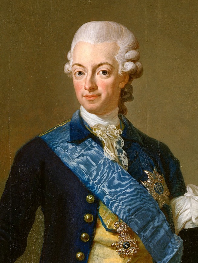 Oljemålning av Sveriges Kung Gustav III iförd pudrad peruk, sammetsjacka, sidenväst och stora medaljer.