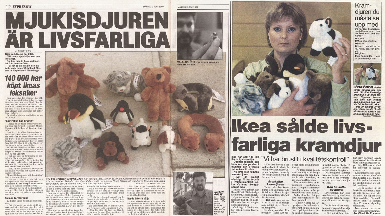 Tidningsklipp från artiklar om mjukdjuren som tappade ögonen.