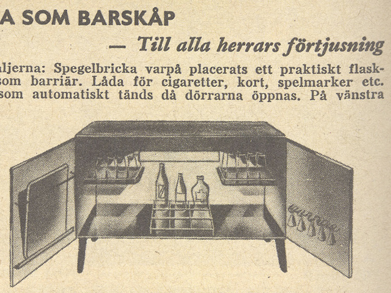 Drawing from the 1960 IKEA catalogue of a bar cabinet with lighting and space for glasses, bottles, cigarettes, etc.