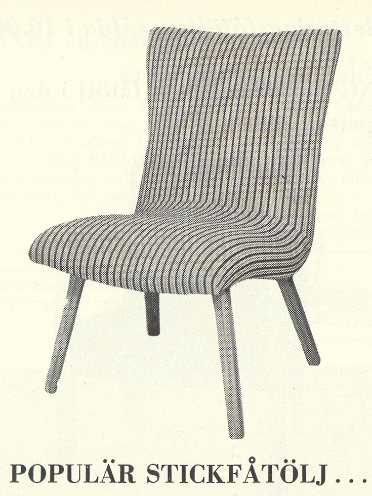 EMMA, a simple easy chair without armrests, covered in striped fabric.
