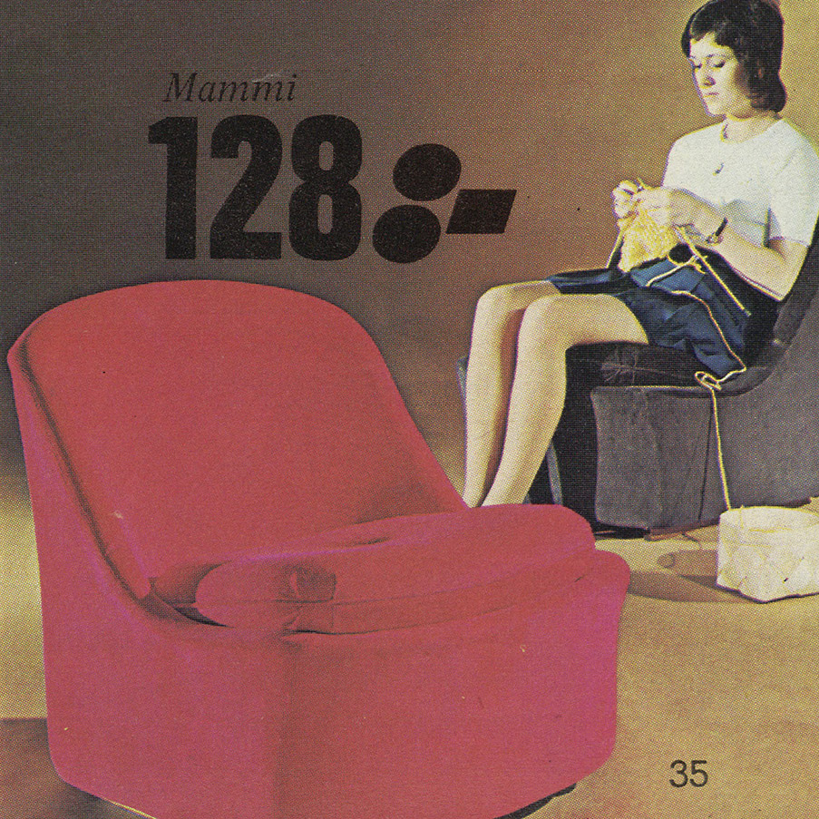 Two simple easy chairs without armrests, MAMMI, with a young woman knitting in one of them.