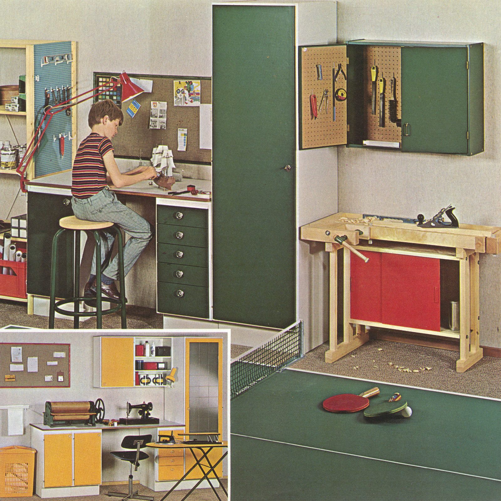 Page from the 1973 IKEA catalogue with pictures of a hobby room with workbench, ping pong table, sewing machine, and mangle.