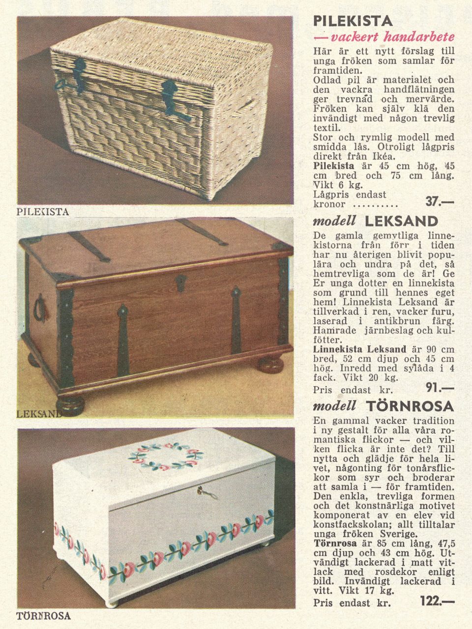 Tre träkistor i allmogestil i IKEA katalogen 1963, en i rotting, en i brunt trä samt en vit med påmålade rosor.