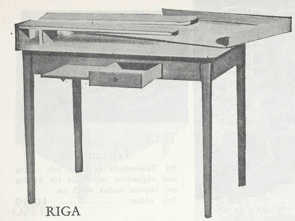 Drawing of a wooden kitchen table with shelves, drawers, boards, and an ironing board.