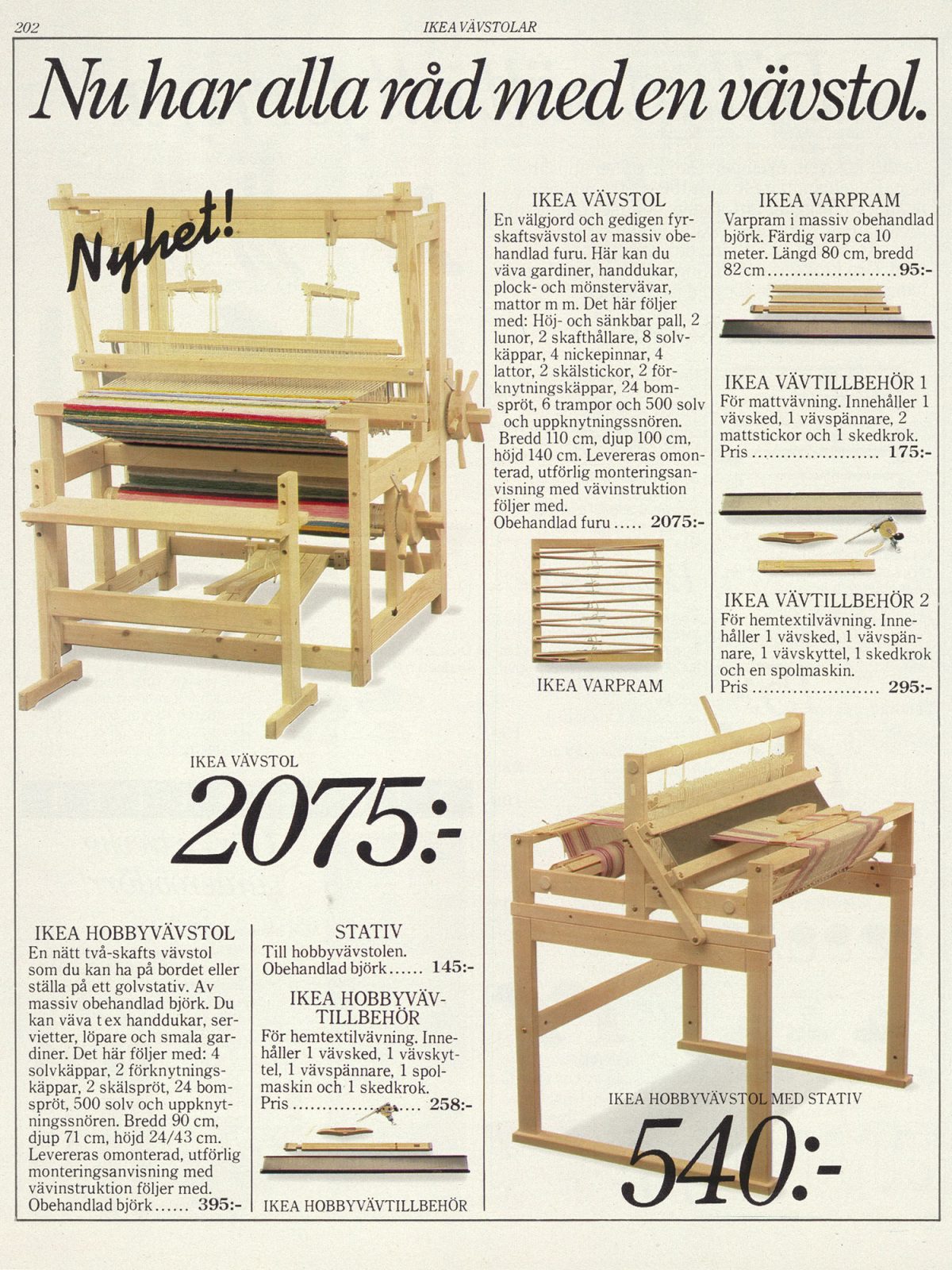 Page from the 1982 IKEA catalogue with two different looms under title 'Now everyone can afford a loom'.