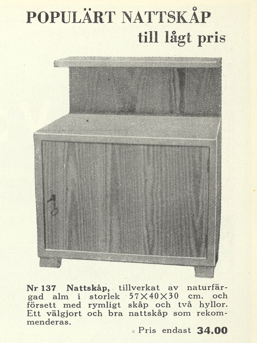 Svart-vit bild ur IKEA katalogen 1951 på enkelt träskåp med två dörrar under rubriken 'Populärt nattskåp'.