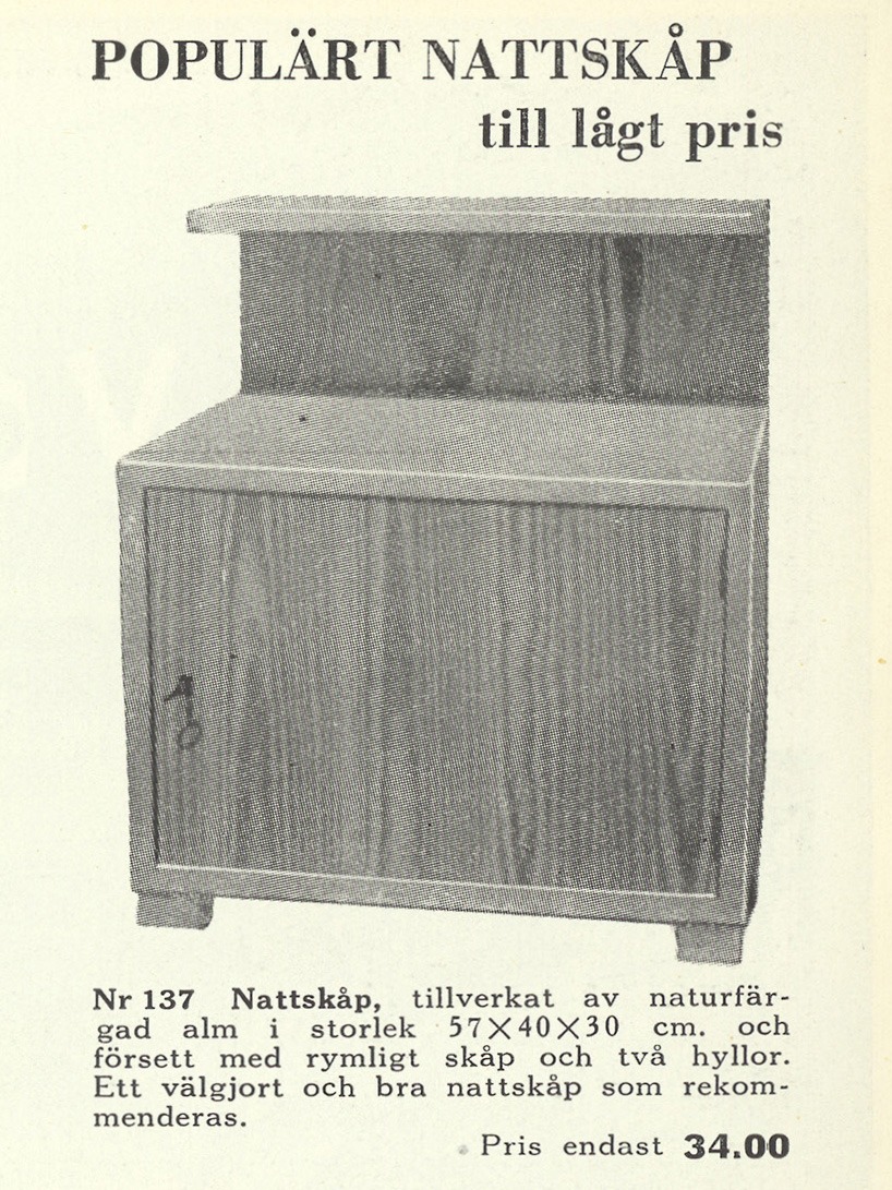 Svart-vit bild ur IKEA katalogen 1951 på enkelt träskåp med två dörrar under rubriken 'Populärt nattskåp'.