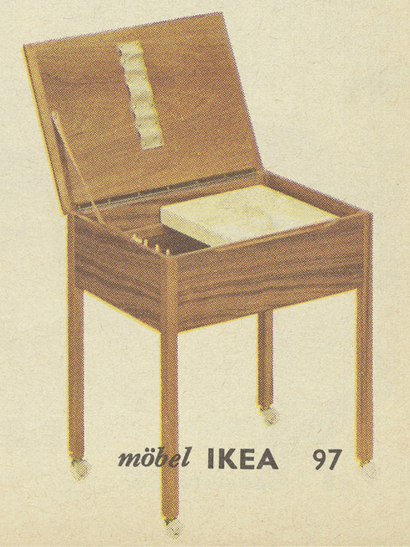 Two pictures of the sewing table ANITA, one with the lid open showing compartments for sewing supplies.