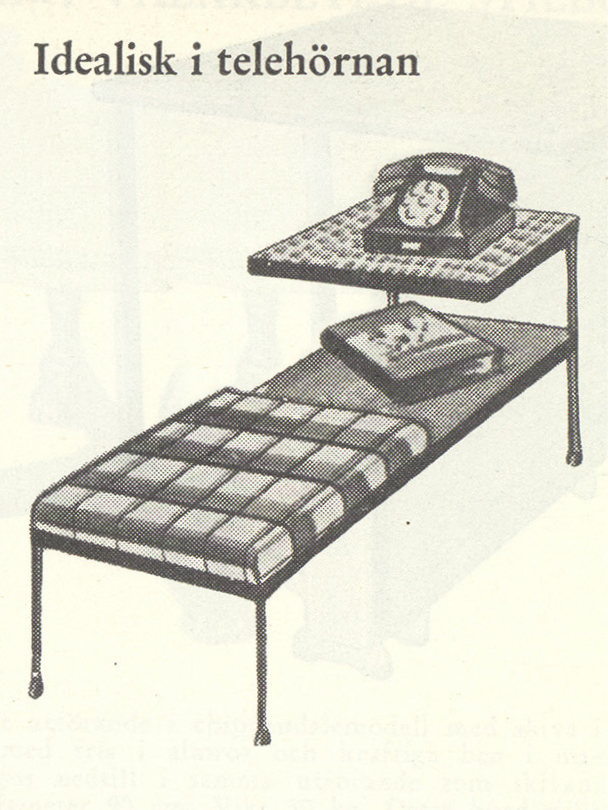 Drawing of a long narrow telephone table with a seat in checked fabric, SPARTA.