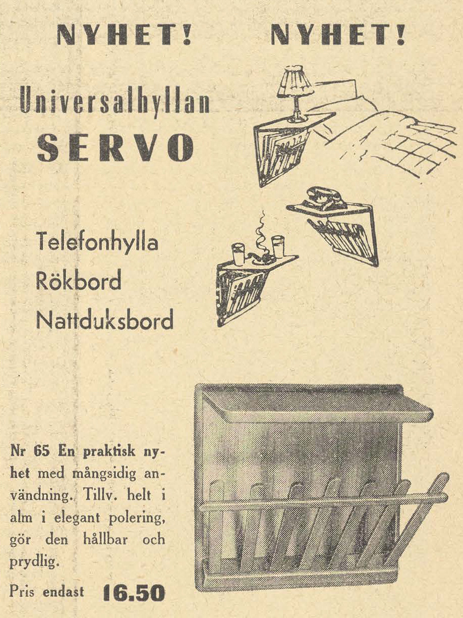 Drawings of a small wooden wall shelf showing different uses like a nightstand, shelf for smoking items, and telephone.