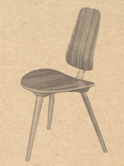 Black and white photo of a three-legged chair with a steel tube frame, with seat and back in moulded teak.