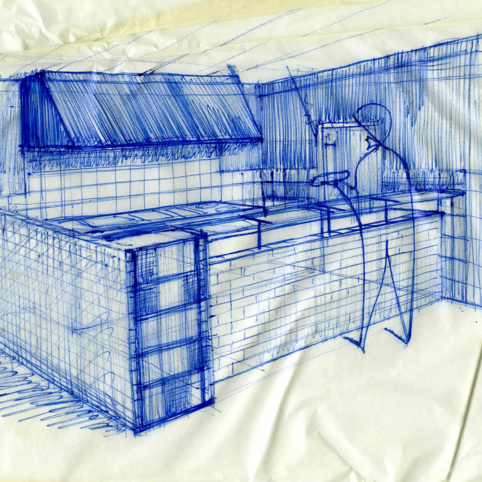 Sketch of a restaurant kitchen in blue ink.