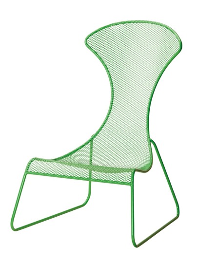 Easy chair in green metal with a high back.