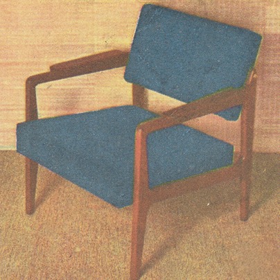 1950s armchair with blue upholstery and teak-stained beechwood frame.