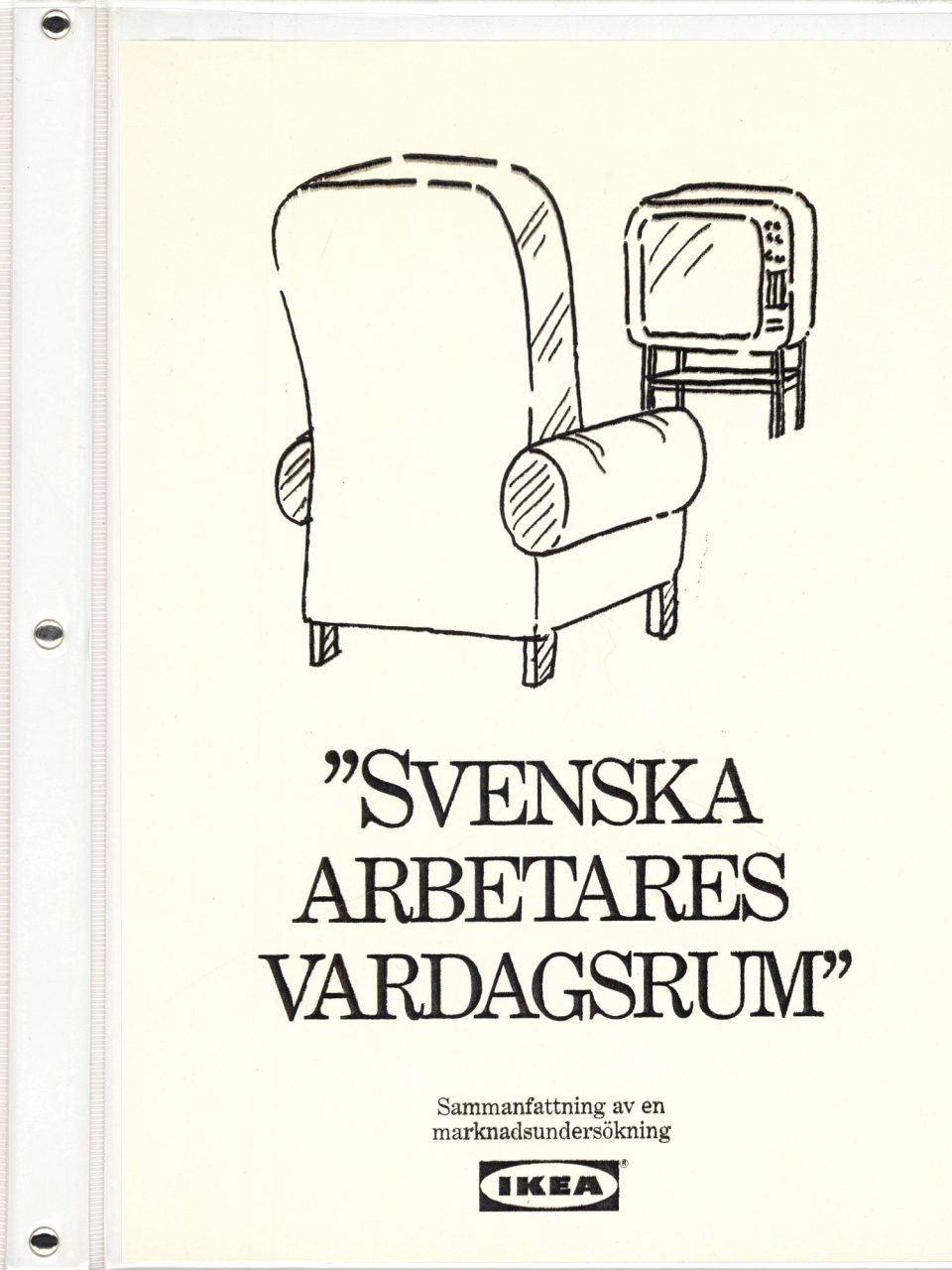 Omslag på pärm med teckning av fåtölj och texten 'Svenska arbetares vardagsrum'.
