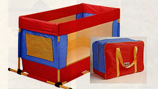 A travel cot for babies and a carry bag in red, yellow, and blue colours.