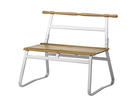 Simple bench with a wooden seat and white metal frame.