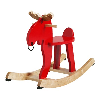 Children's rocking horse shaped like a moose in red with a blond wood crown.