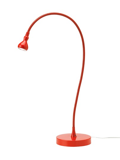 Functional red table LED lamp with a round base.
