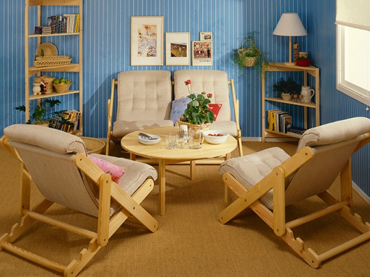 Beach chair style chair and sofa with canvas pillows.