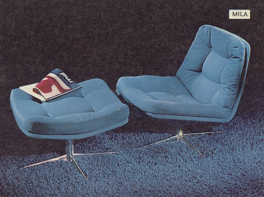 Low blue 1960s swivel chair and footstool.