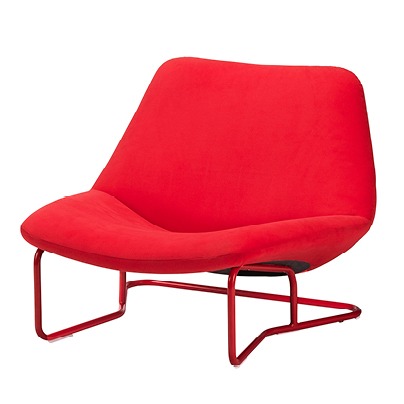 Low red 1960s style easy chair on red steel frame.